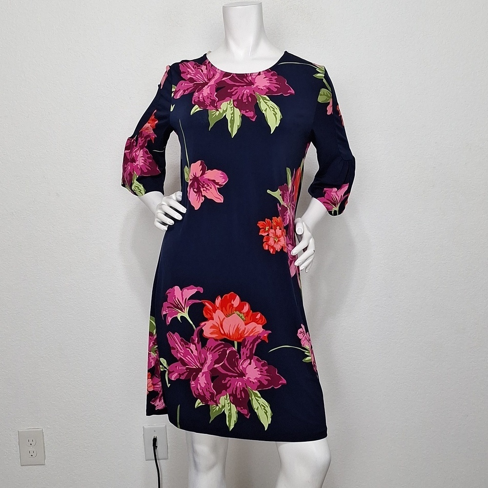 Alexandra + Oak Navy Red Wide Sleeve Multicolor Romantic Floral Sheath Dress L